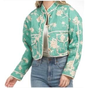 7 For All Mankind Diamon Quilted Jacket Cropped Floral Print Green Size Small